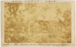 PIGGOREET MURDER: Facinating group of 19th century photograph including 3 captioned carte de visites of the murder scene near Ballarat showing where Mr Ballan shot Mr T Ulicke Burke, "Black trackers finding the pistol", "The exact spot.....", & "The tree 