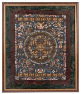 A framed Tibetan Mandala, hand-painted on cloth in woven silk surround, 20th century, 61 x 52cm overall.