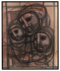 BEN MCALALA (South Africa, 1938-1997), (untitled three figures), watercolour and charcoal on paper, signed lower right "Ben Mcalala", 59 x 49cm, 61 x 51cm overall.