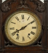 An antique English Gothic Revival oak cased bracket clock with bracket, eight day time and gong strike movement with Roman numerals, 19th century, ​​​​​​​77cm high overall on bracket. - 2