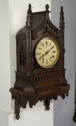 An antique English Gothic Revival oak cased bracket clock with bracket, eight day time and gong strike movement with Roman numerals, 19th century, ​​​​​​​77cm high overall on bracket. - 3