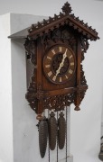 An antique German Black Forest cuckoo and quail wall clock, attributed to JOHANN BAPTIST BEHA, 30-hour duration wood plate movement, carved walnut station house style case with decorative pierced scroll leaf and vine decoration, bone hands and applied Rom - 3