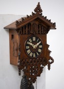 An antique German Black Forest cuckoo wall clock in carved and fretted oak gothic style case, fretted bone hands, 30 hour wood plate movement striking the hour and half hour on a coil gong, circa 1875, 45cm high, 26cm wide. - 3