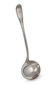 An antique English sterling silver soup ladle by George Angell of London, circa 1860, 34cm long, 287 grams.