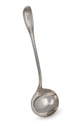 An antique English sterling silver soup ladle by George Angell of London, circa 1860, 34cm long, 287 grams.