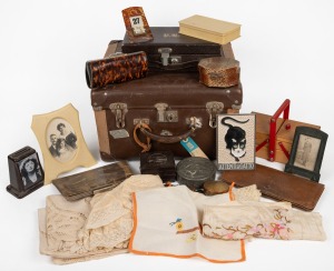 Vintage travel cases, picture frames, wallets, sewing kits etc., (qty).