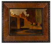 An attractive antique marquetry panel bearing Rowley Gallery label verso "Designed by W.A. CHASE, titled: CHERTSEY BRIDGE", circa 1920, 66 x 76cm overall.