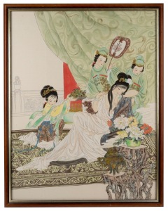 A Japanese interior scene hand-painted watercolour on paper, 20th century, 64 x 51cm overall.
