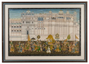 A framed Indian processional scene hand-painted watercolour on paper, 20th century, 44 x 62cm overall.
