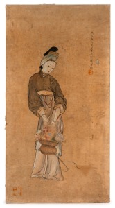 A Chinese watercolour of a lady with flowers, signed upper right and lower left, laid down on card, 69 x 37cm overall.
