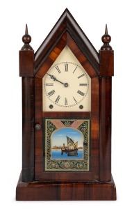 NEW HAVEN CLOCK Co. American steeple cased shelf clock in mahogany case with eight day time and strike movement (dial replaced), 19th century, 52cm high.