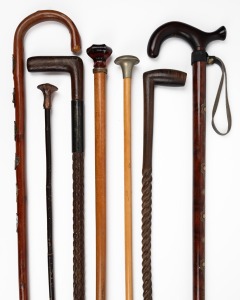 Seven assorted vintage timber walking sticks, mixed origins and vintages, 19th/20th century, the largest 96cm long.