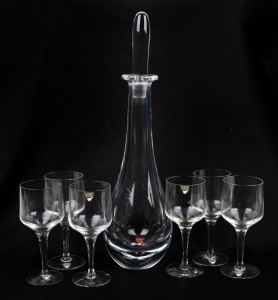 ORREFORS Swedish glass decanter and six matching glasses, 20th century, (7 items), the decanter 36.5cm high, the glasses 13.5cm high.
