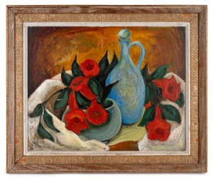 ARTIST UNKNOWN, (still life with flowers and blue jug), oil on board, signed lower left "C.B.", ​​​​​​​40 x 50cm, 53 x 63cm overall.
