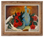 ARTIST UNKNOWN, (still life with flowers and blue jug), oil on board, signed lower left "C.B.", ​​​​​​​40 x 50cm, 53 x 63cm overall.