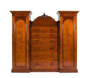 Colonial Australian cedar Beaconsfield wardrobe, mid 19th century. Single bank of drawers flanked by 2 doors with hanging space. Full cedar, most likely N.S.W origin. Height 208cm, width 230cm, depth 67cm