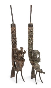 Two bronze ceremonial pipes with zoomorphic designs, Bamoun people of Cameroon, 52cm and 53cm high.