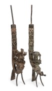 Two bronze ceremonial pipes with zoomorphic designs, Bamoun people of Cameroon, 52cm and 53cm high.