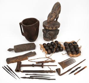 Tribal headdress, jug, weaving tools, artefacts, etc, African origin, (qty).