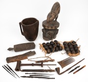 Tribal headdress, jug, weaving tools, artefacts, etc, African origin, (qty).