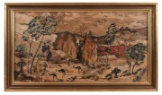 Seven assorted framed artworks, prints, bark picture etc., including an antique Vanity Fair print, the largest 39 x 67cm overall.