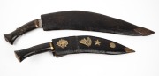 Two Nepalese Gurkha knives in leather scabbards with horn handles, early to mid 20th century, 45cm long. - 2
