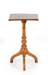 A rare colonial Huon Pine games table with solid Huon down-swept legs and central column. The tilt-top is made from Australian Cedar with cedar and Huon Pine inlay. Tasmanian origin. Circa 1835. Original patina.