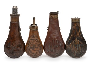 Four assorted antique copper and brass shot and powder flasks, 19th century, the largest 20cm high.