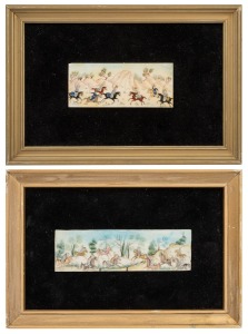 A pair of Indo-Persian miniature polo scenes, hand-painted on ivory panels with later framing, 14 x 21cm each overall.