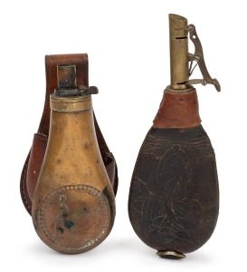 An antique leather and brass shot flask; together with an embossed copper and brass powder flask in original leather holster, 19th century, (2 items), the larger 22cm high.