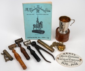 Antique and vintage bullet making equipment, Historical Arms publication, antique collapsible campaign cup in leather case, antique brass sovereign case on brass chain and an antique porcelain advertising plaque "Kent's Knife Cleaner With Improved Patent,