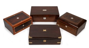 Four assorted antique timber boxes, including Tunbridge ware, rosewood and mahogany, 19th century, the largest 40cm wide.