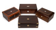 Four assorted antique timber boxes, including Tunbridge ware, rosewood and mahogany, 19th century, ​​​​​​​the largest 40cm wide.