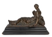 An antique Viennese cast bronze flour market fountain water nymph, on ebonised timber plinth, with retailer's ink stamp "Anton Brosohek... Wien", 19th century, 23cm high, 35cm wide, 16cm deep overall.