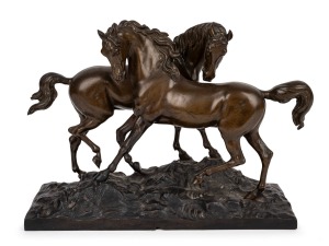 (after) PIERRE-JULES MÊNE, "L'Accolade", fine quality antique French animalia bronze horse figure group, 19th century, 24cm high, 32cm wide, 14cm deep.