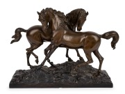(after) PIERRE-JULES M&Ecirc;NE, "L'Accolade", fine quality antique French bronze horse figure group, 19th century, 24cm high, 32cm wide, 14cm deep.