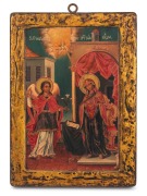 A Russian travelling icon of the Arch Angel Gabriel and Madonna, hand-painted on timber panel, early 20th century, 19 x 14cm.