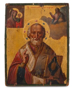 An antique Russian icon in the Byzantine style, depicting St. Nicholas, The Virgin Mary & Child and Jesus, mid 19th century, 18 x 14cm.