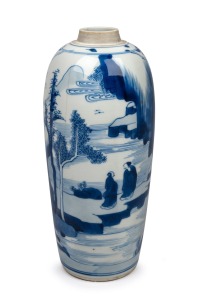 An antique Chinese blue and white porcelain vase, Kangxi period, 17th/18th century, remains of collection sticker and inventory number to base, 25cm high.