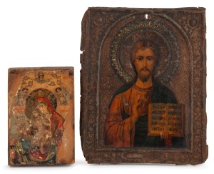 Two antique religious icons: I.) St. Matthew, tin lithograph on pressed metal, 18 x 15cm, II.) Virgin Mother and Baby Jesus, lithograph on paper laid down on wooden panel, 11 x 8cm.