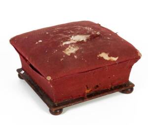 Ottoman footstool, cedar c1840s with original bun feet & burgundy upholstery. Height 24cm, width 48cm, depth 48cm