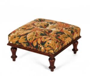 FOOTSTOOL: Cedar c1850, square form on 4 turned legs with later floral upholstery. Height 21cm, width 36cm, depth 36cm