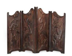 Australian folkart four fold fire screen each panel carved with possum, kookaburra & two brolgas, circa late 19th century. Height 92cm, width 134cm&nbsp;