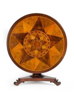 A Superb Exhibition table top, c1840, displaying a double 10 pointed star motif inlaid with blackwood, cedar, eucalyptus, golden ash, huon pine, musk & white ash. All timbe