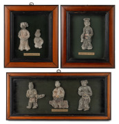 A group of five antique Chinese ceramic architectural figures of acrobats, Yuan Dynasty (1271-1368), housed in three separate frames, the largest 26 x 56cm overall.