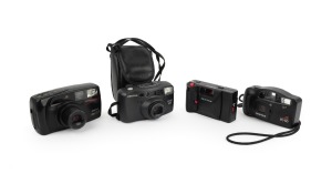 ASAHI KOGAKU: Group of 1990s plastic point-and-shoot cameras, comprising Pentax Espio 140 (with case), Pentax PC35 AF-M, Pentax PC-50 AF, and Pentax Zoom 70-R. (4 items)
