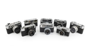 YASHICA: Group of 1960s-70s rangefinder cameras, comprising 35-ME, Campus, Electro 35 GSN, Flash-O-Set, Minimatic-C, Minimatic-C, Minister III, and YK. (8 items)