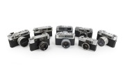YASHICA: Group of 1960s-70s rangefinder cameras, comprising 35-ME, Campus, Electro 35 GSN, Flash-O-Set, Minimatic-C, Minimatic-C, Minister III, and YK. (8 items)