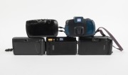 MINOLTA: Group of 1990s-2000s plastic point-and-shoot cameras, comprising AF-S, AF-Tele Super, Riva AF35, Supreme Freedom Zoom Elite (in matching pouch), and Vetis GX-1. (5 items) - 2
