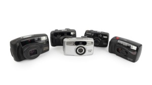 ASAHI KOGAKU: Group of early-2000s plastic point-and-shoot cameras, comprising Pentax Espio 115V, Pentax Espio 738G, Pentax Espio 928, Pentax PC-313, and Pentax Zoom 105-R. (5 items)
